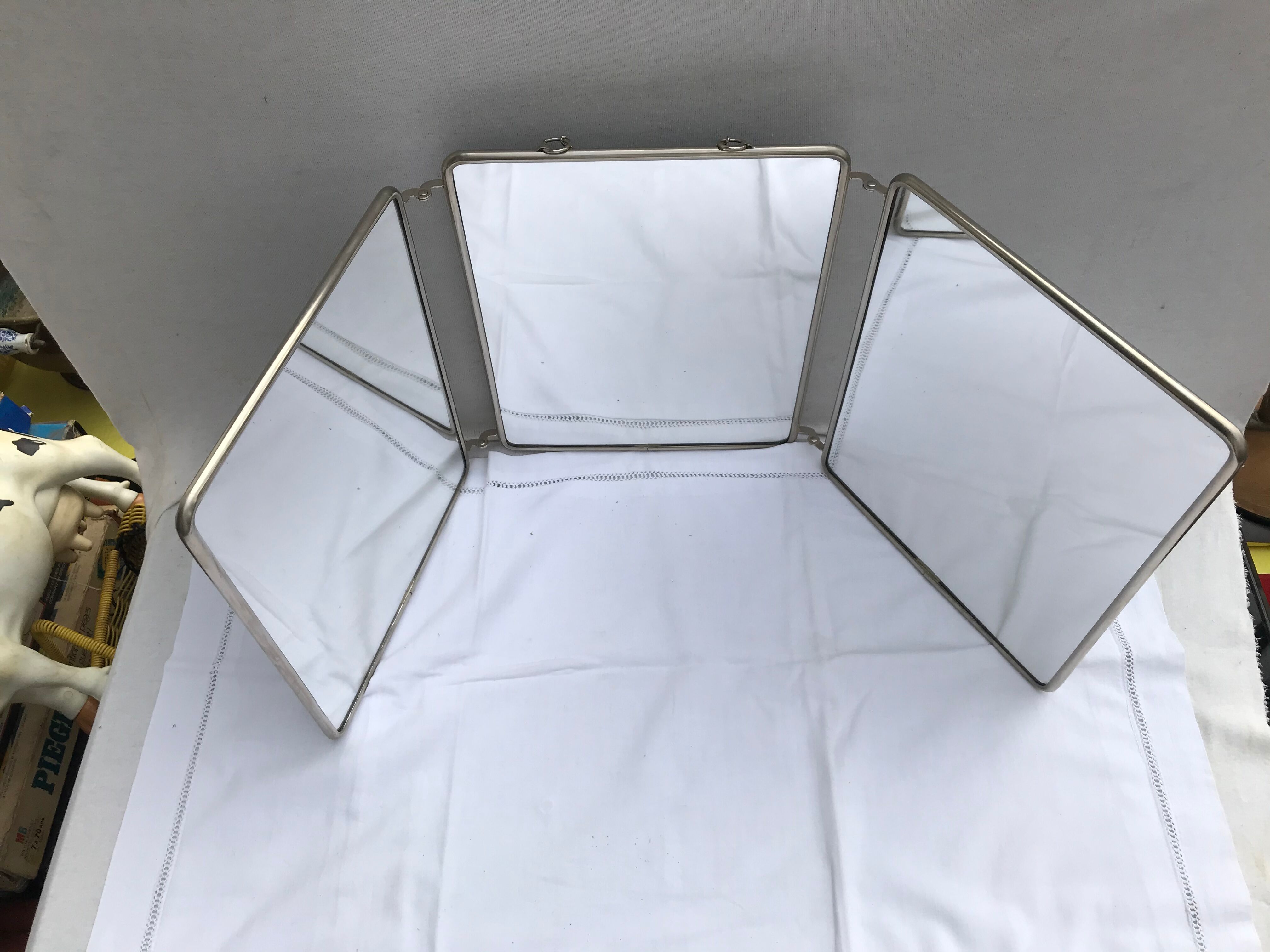 Former mirror triptych barbier contour metal chromé - vintage chain 24x30cm