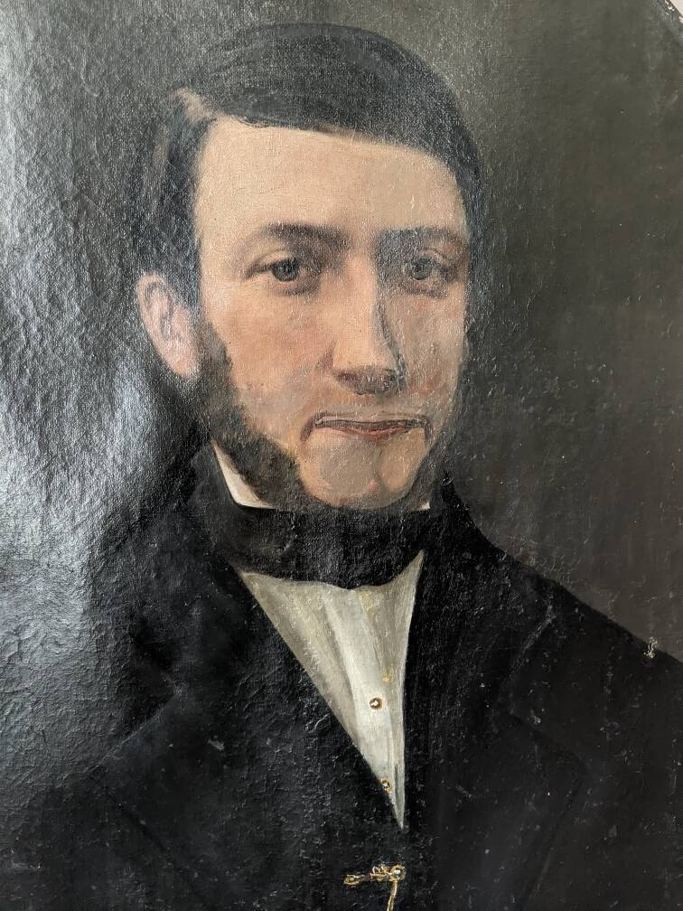 Old oil painting on octagonal canvas portrait countryside decoration