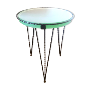 Bout de canapé tripode en acier et pavé de verre circulaire design années 50 - 60