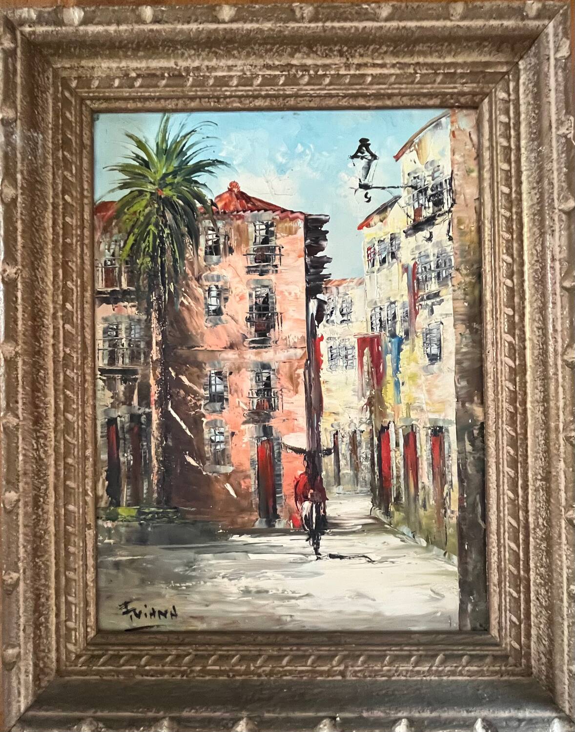 Tableau : Huile sur toile - ruelle animée au Portugal