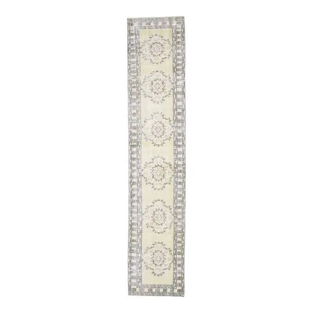 Vintage Turkish Oushak handmade wool cotton yellow runner rug 78x328