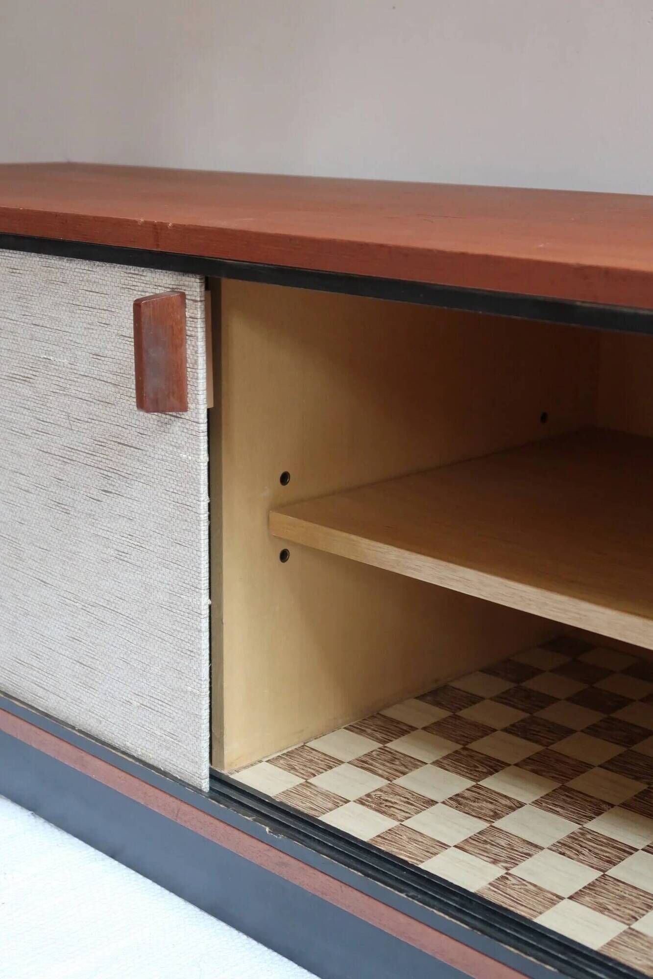 Teak enfilade, sliding canvas doors, 1960s.