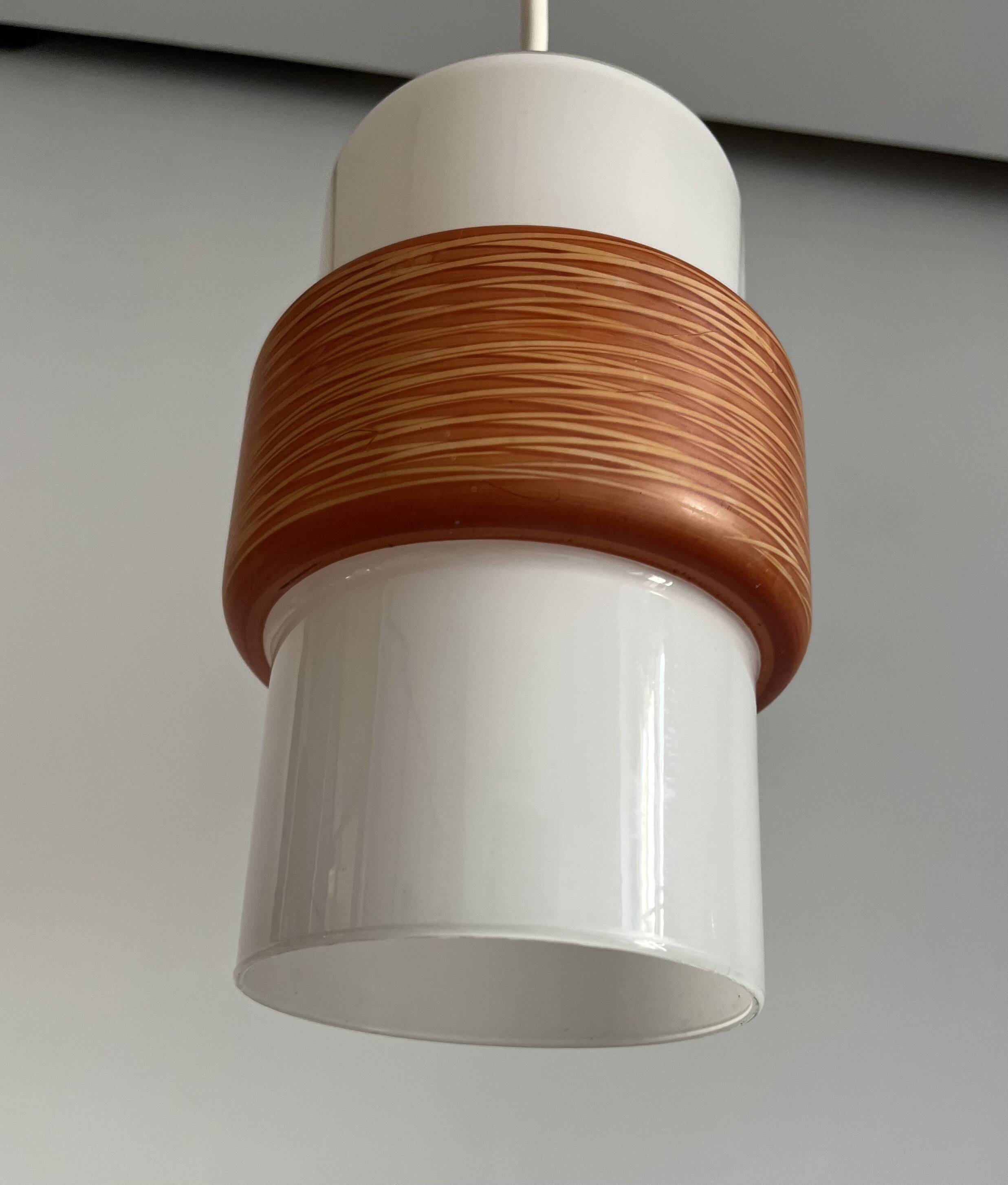 Sputnik pendant light, dark orange ring on white tube