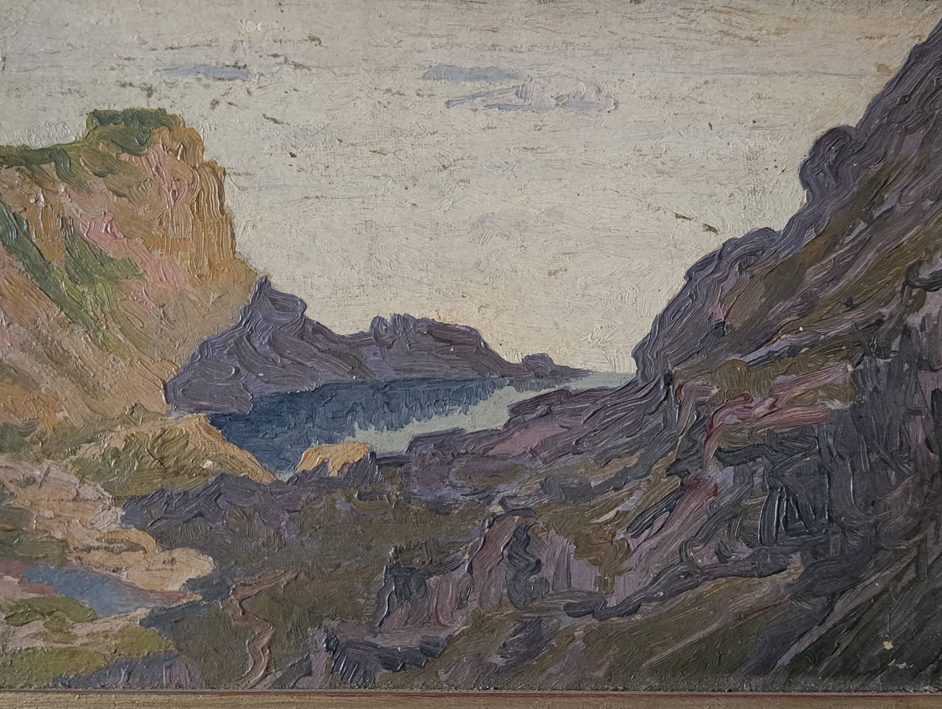French vintage original oil painting on board, unsigned coastal mountain la