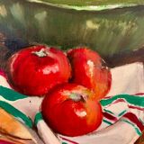 Oil on canvas, Still life "La garbure" signed and countersigned R.CAUMEL 1982