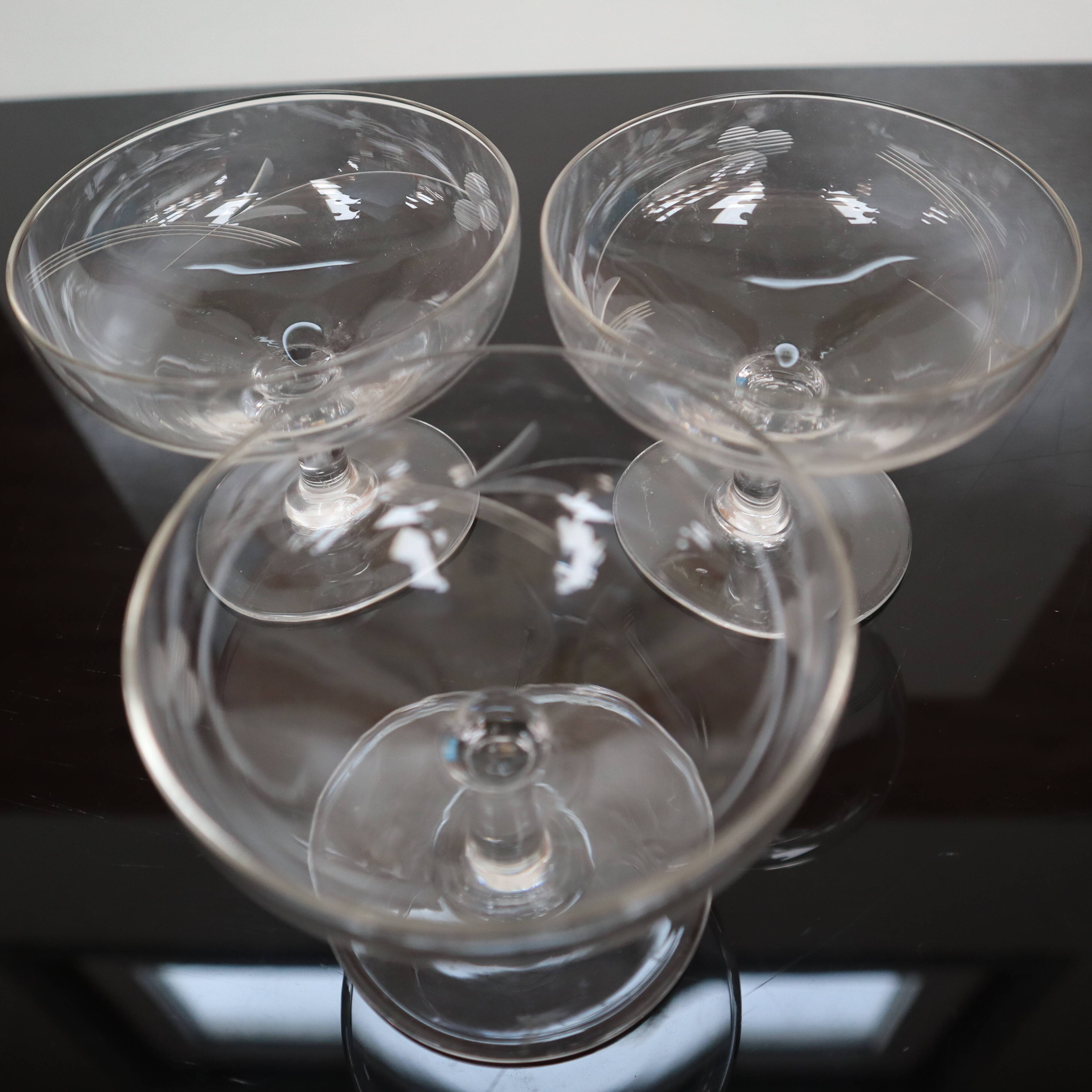 3 Art Deco champagne glasses in engraved glass