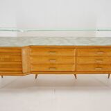 1960s italian sideboard/chest of drawers in high gloss finish with glass top and shelf