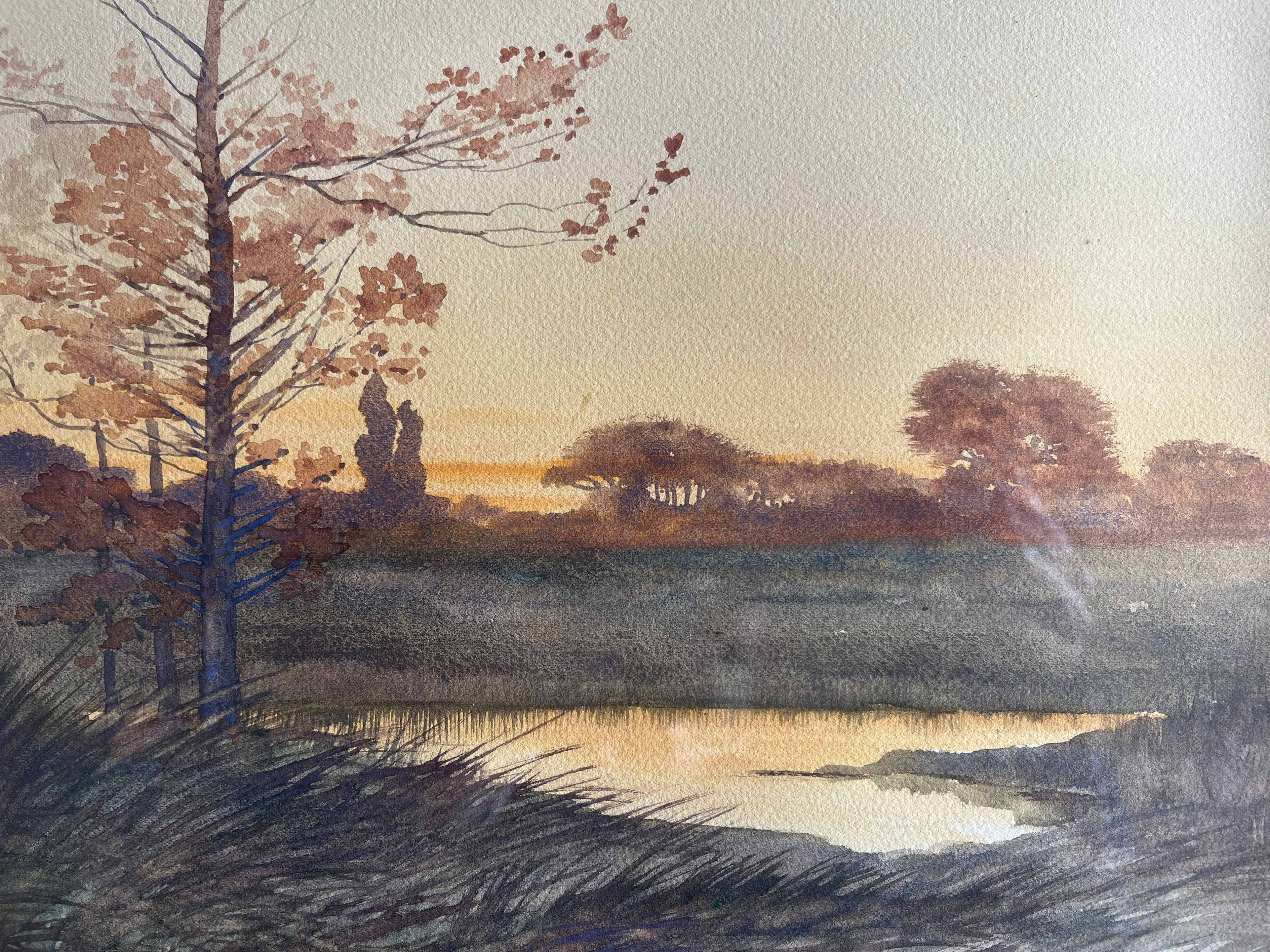 Watercolour painting by Ivan Kowalski (1839-1937) "Lakeside Landscape at Sunset"