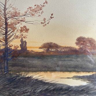 Watercolour painting by Ivan Kowalski (1839-1937) "Lakeside Landscape at Sunset"