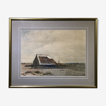 Painting, watercolour, Camarguais landscape, signed and dated