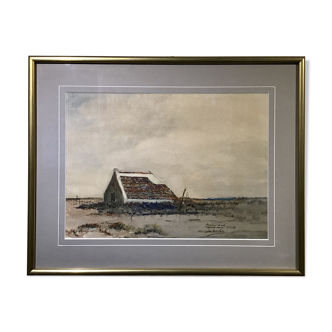 Painting, watercolor, Camargue landscape, signed and dated