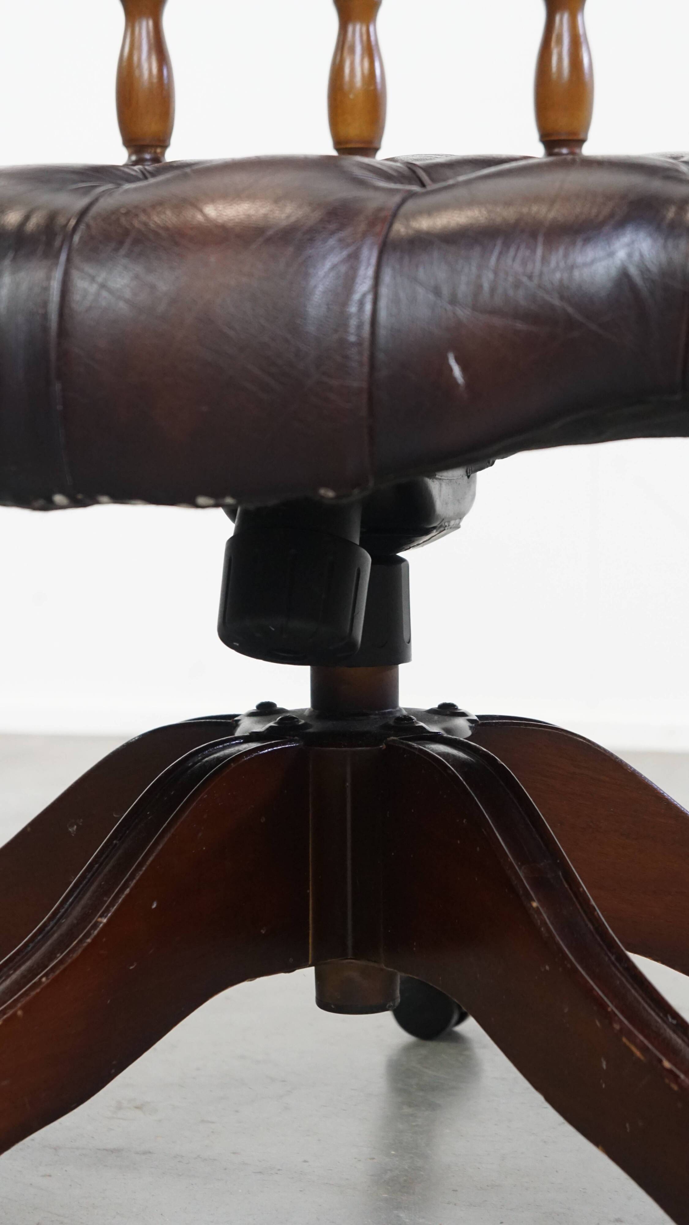 Chesterfield Office Chair on Wheels in Dark Brown Cowhide Leather