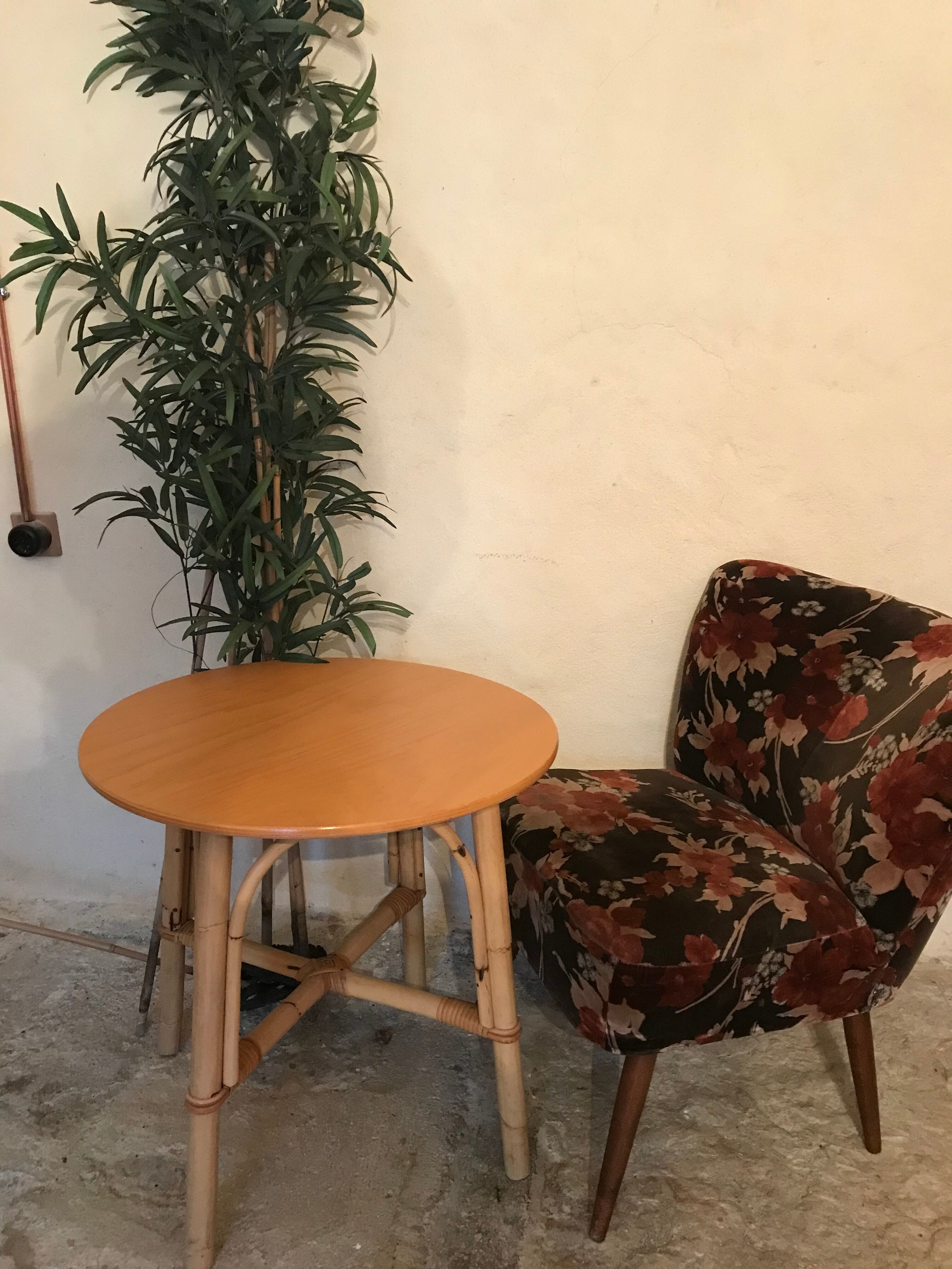 Vintage cocktail armchair 1960 feet compass and fabric flowers