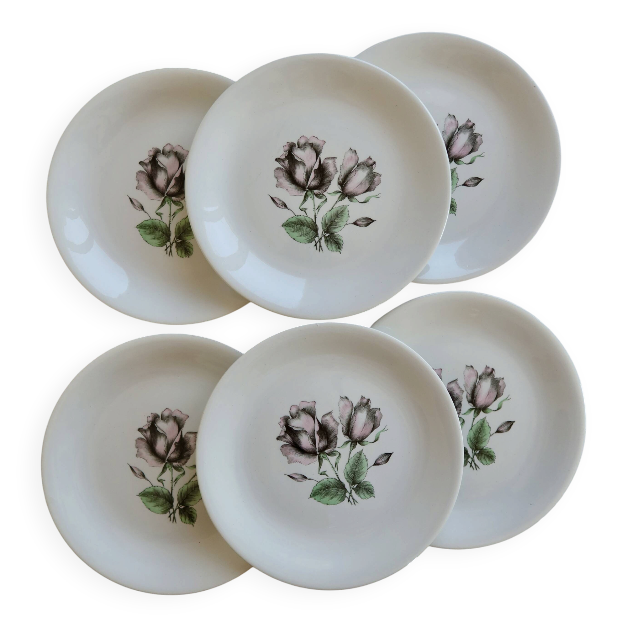6 vintage porcelain dessert plates Moulins des Loups rose pattern