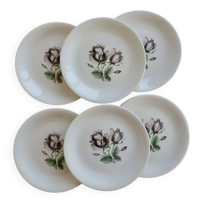 6 assiettes à dessert vintage porcelaine Moulins des Loups motif roses