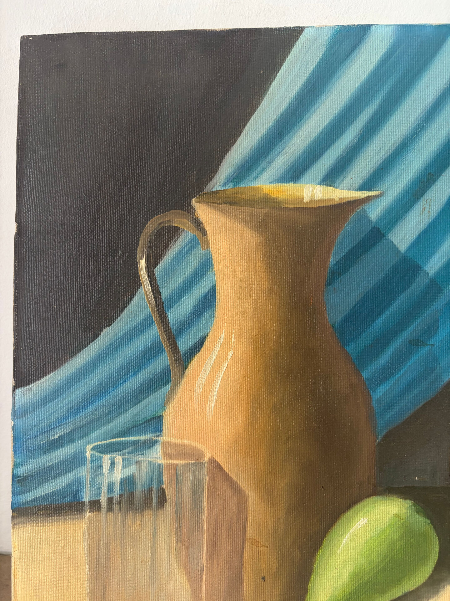 Still life with blue veil, oil on canvas signed