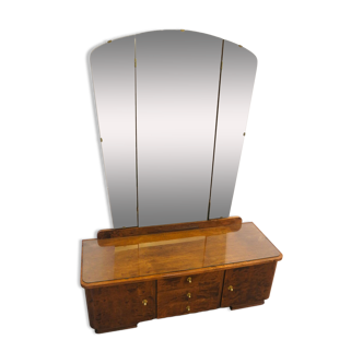Commode à miroirs pivotants, en bouleau flammé teinté, années 50