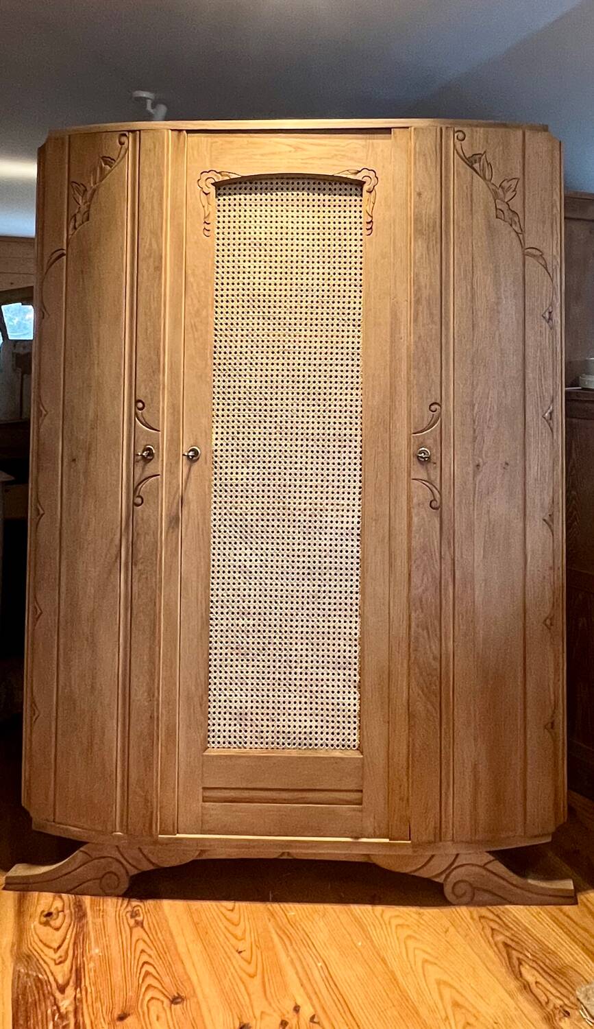 Antique solid oak wardrobe with caning.