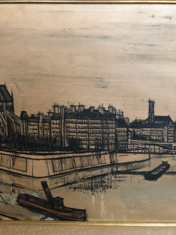 Ancien tableau tirage sur toile buffet 56 notre dame paris + cadre bois vintage