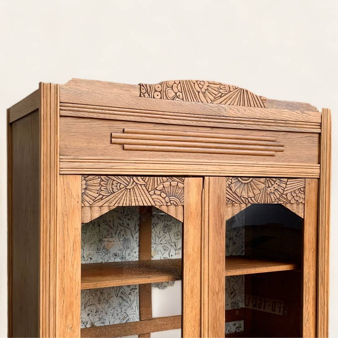 Parisian art deco glass cabinet in raw wood