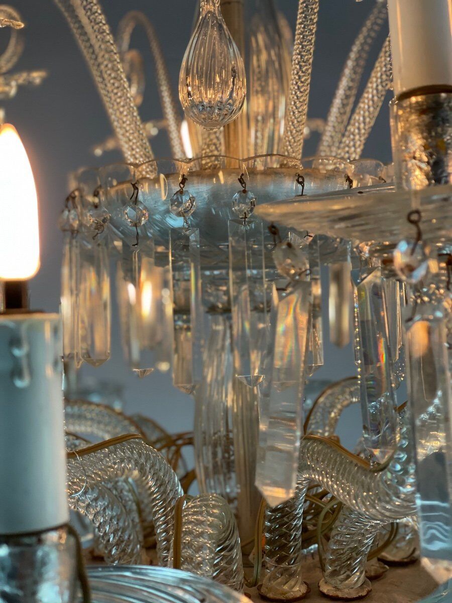 Transparent blown and pinched glass chandelier trimmed with crystals, austria circa 1920