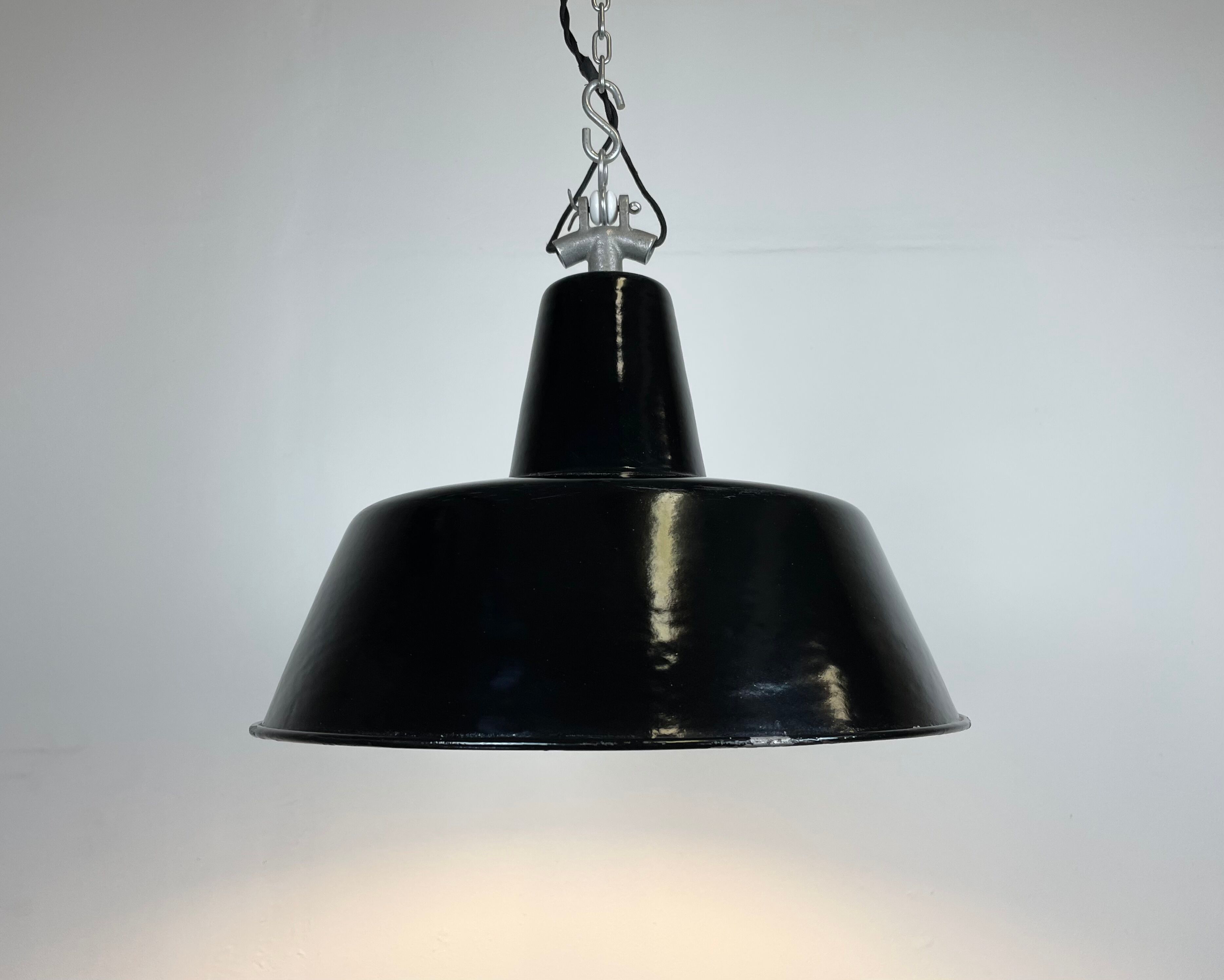 Black Enamel Industrial Factory Pendant Lamp, 1950s