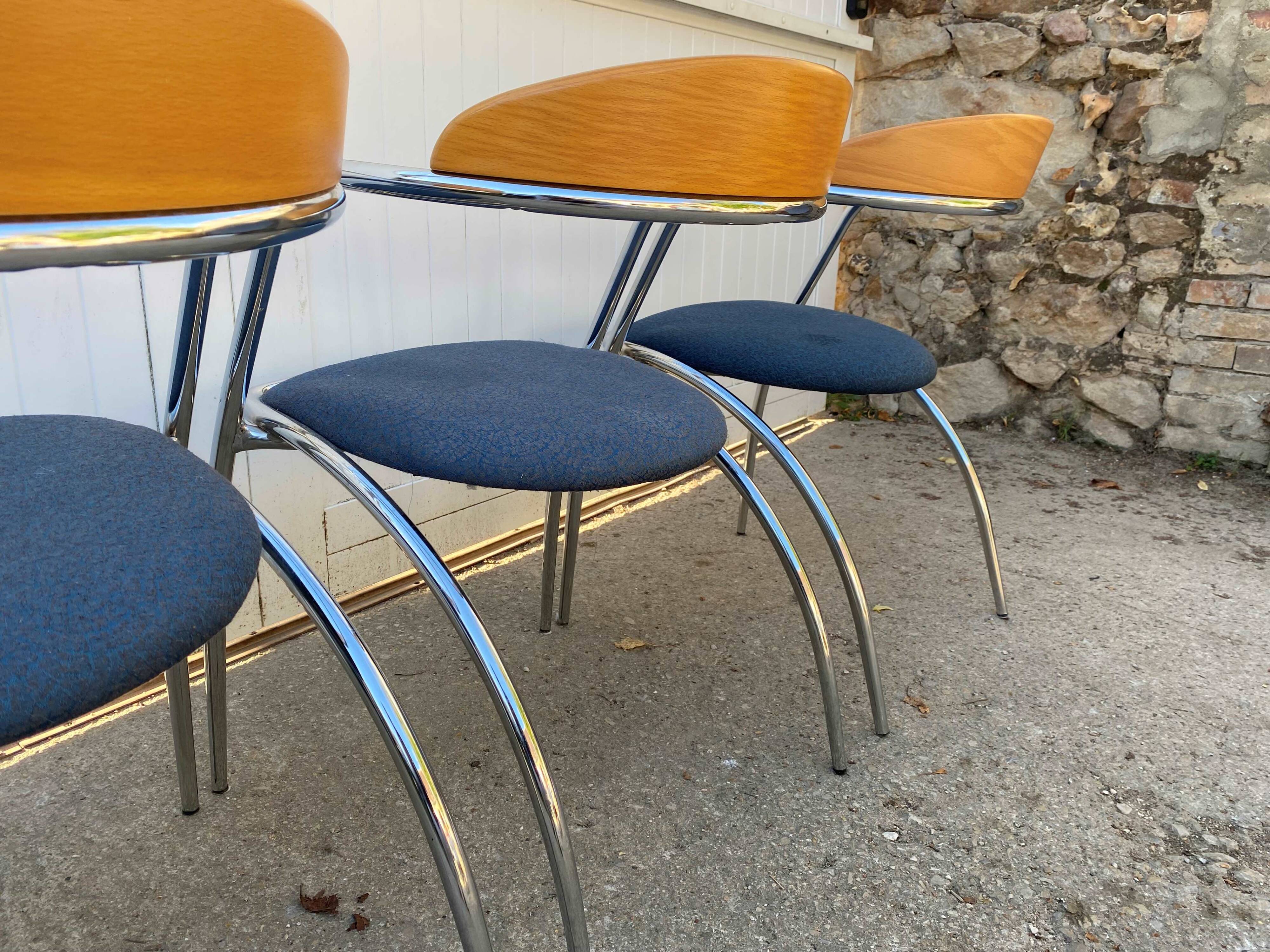 Set of 4 chairs with armrest Effezeta chrome blue fabric and wood an2000