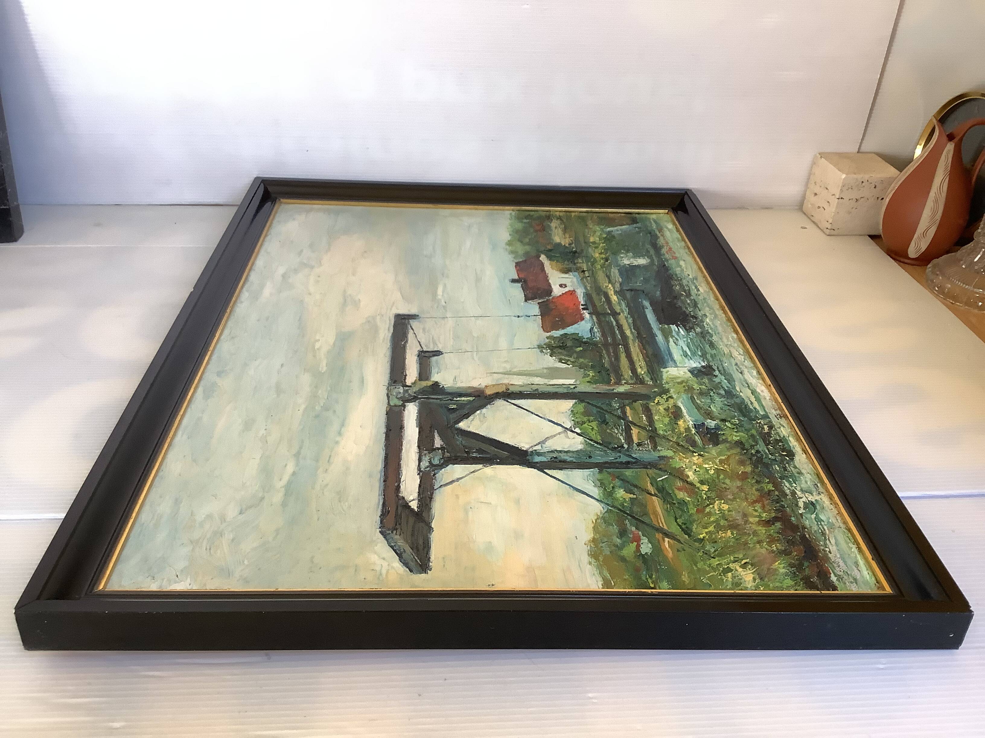 Canal landscape painting oil on panel signed