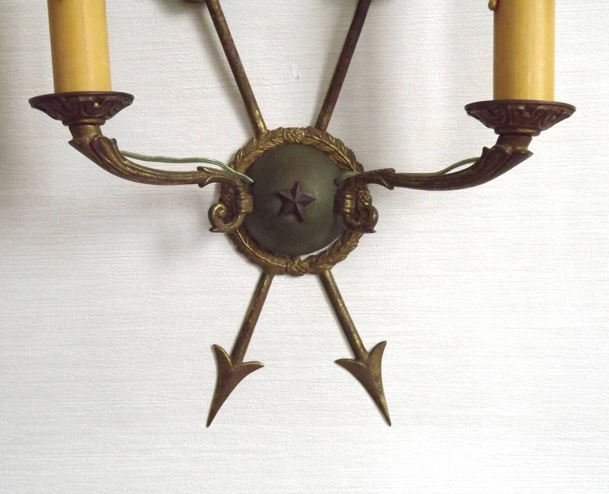 French Vintage Bronze Empire Arrow & Quiver Criss Cross Double Wall Sconces
