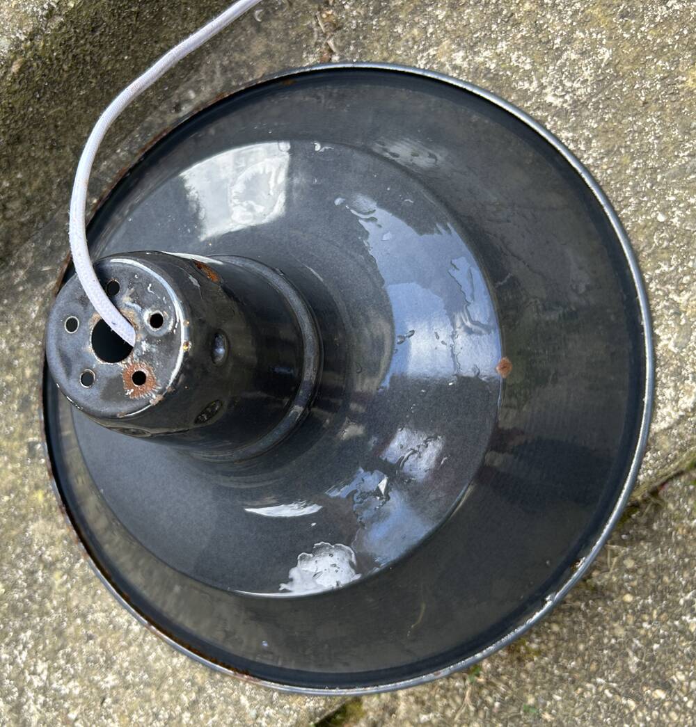 Industrial enameled pendant light, gray blue, vintage.