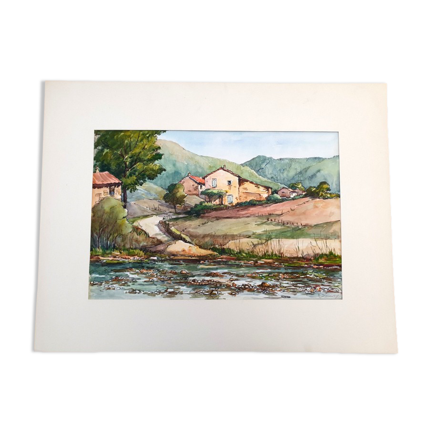 André Duculty (1912-1990) Watercolor on paper "Landscape of Vabres l'Abbaye (Aveyron)" Signed below