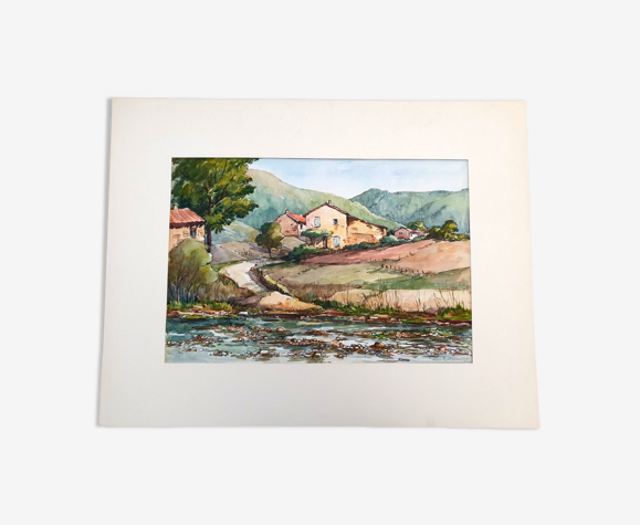 Aquarelle sur papier "Paysage de Vabres l'Abbaye (Aveyron)" Signée en bas, André Duculty (1912-1990)