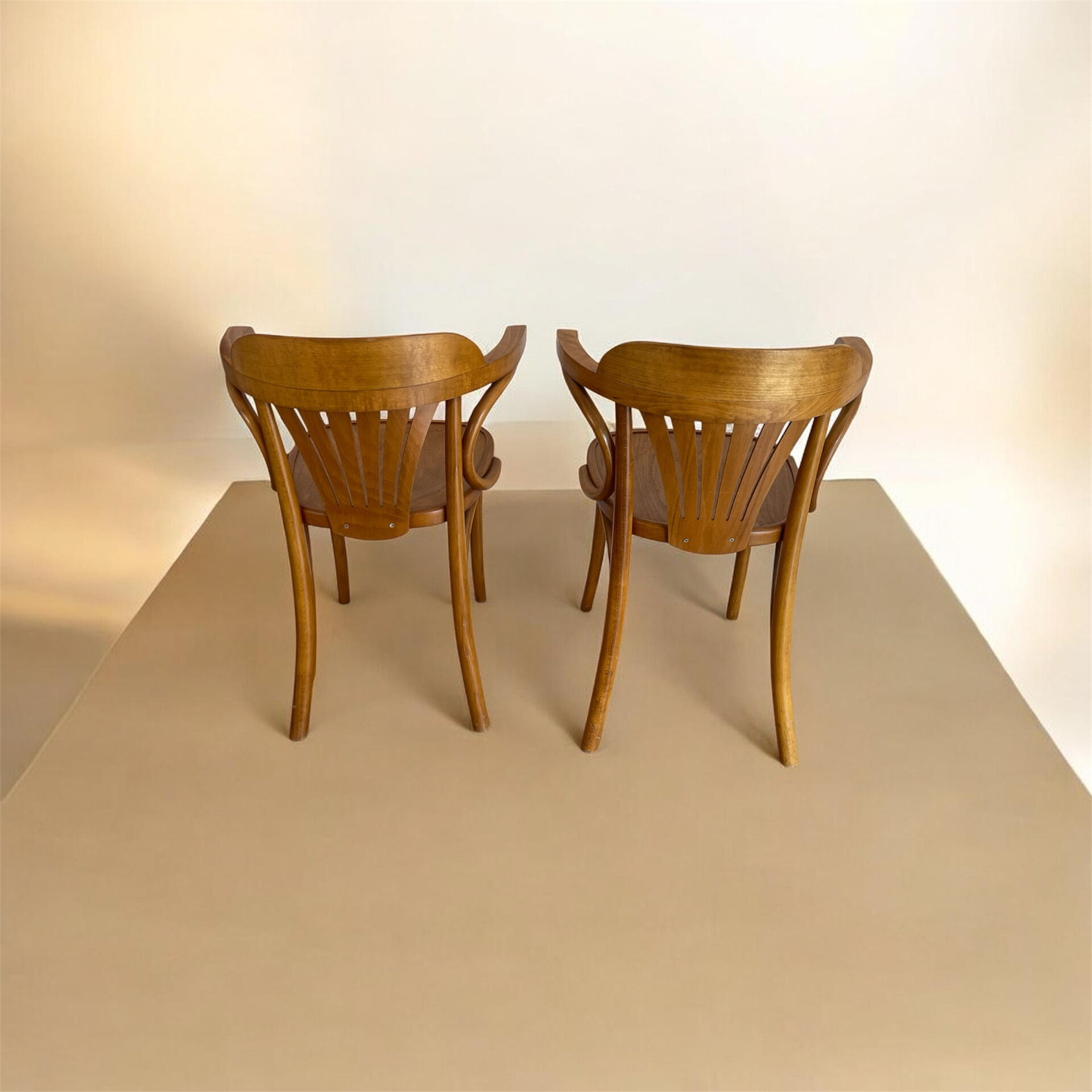 Pair of Thonet style / Bistro curved wooden armchairs