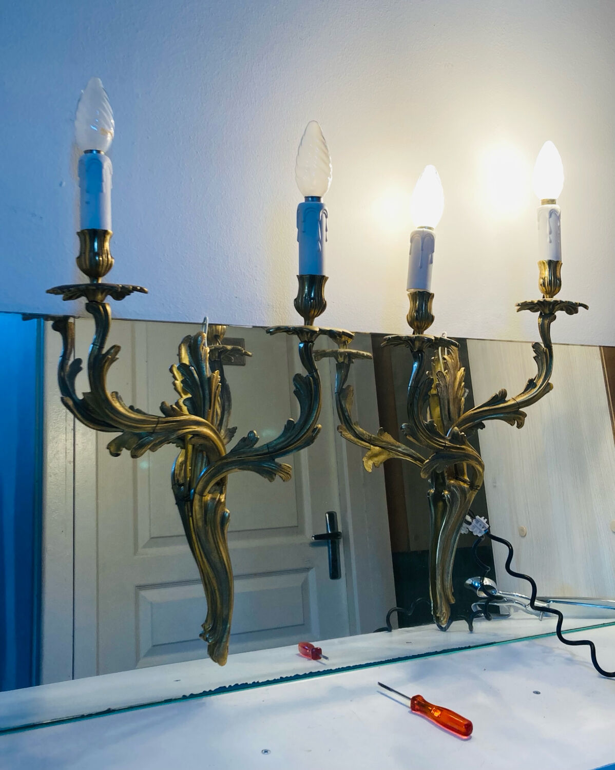 St Louis XV wall lights in solid gilded bronze with curved branches