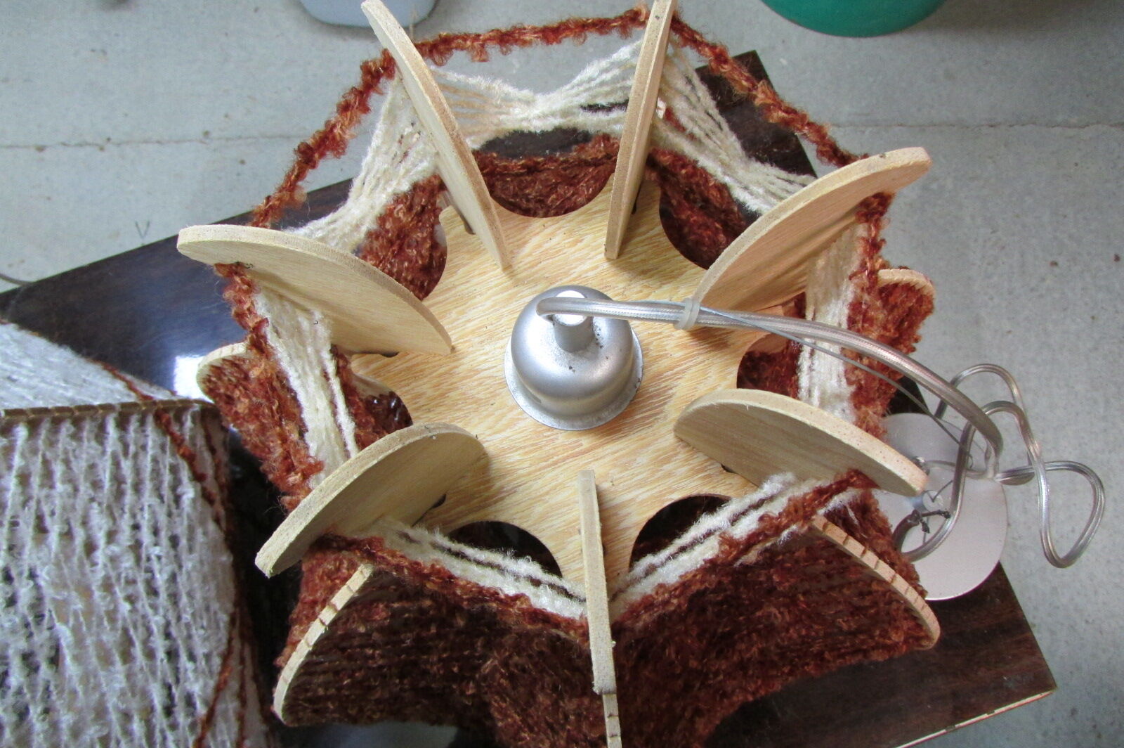 Scandinavian pendant lamp, wood and stretched wire, 1960s