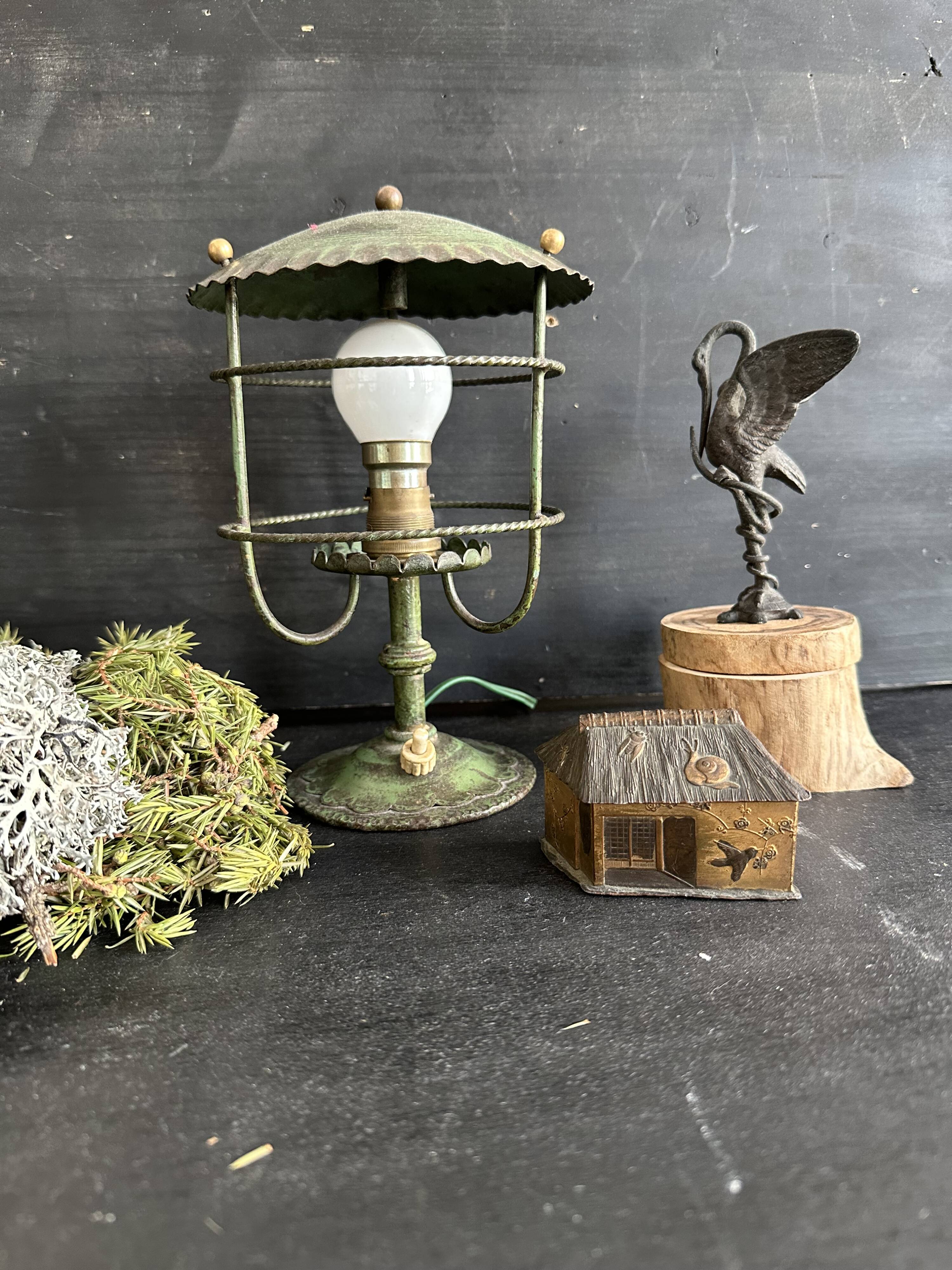Antique patinated green metal lamp, Art Nouveau style, early 20th century.