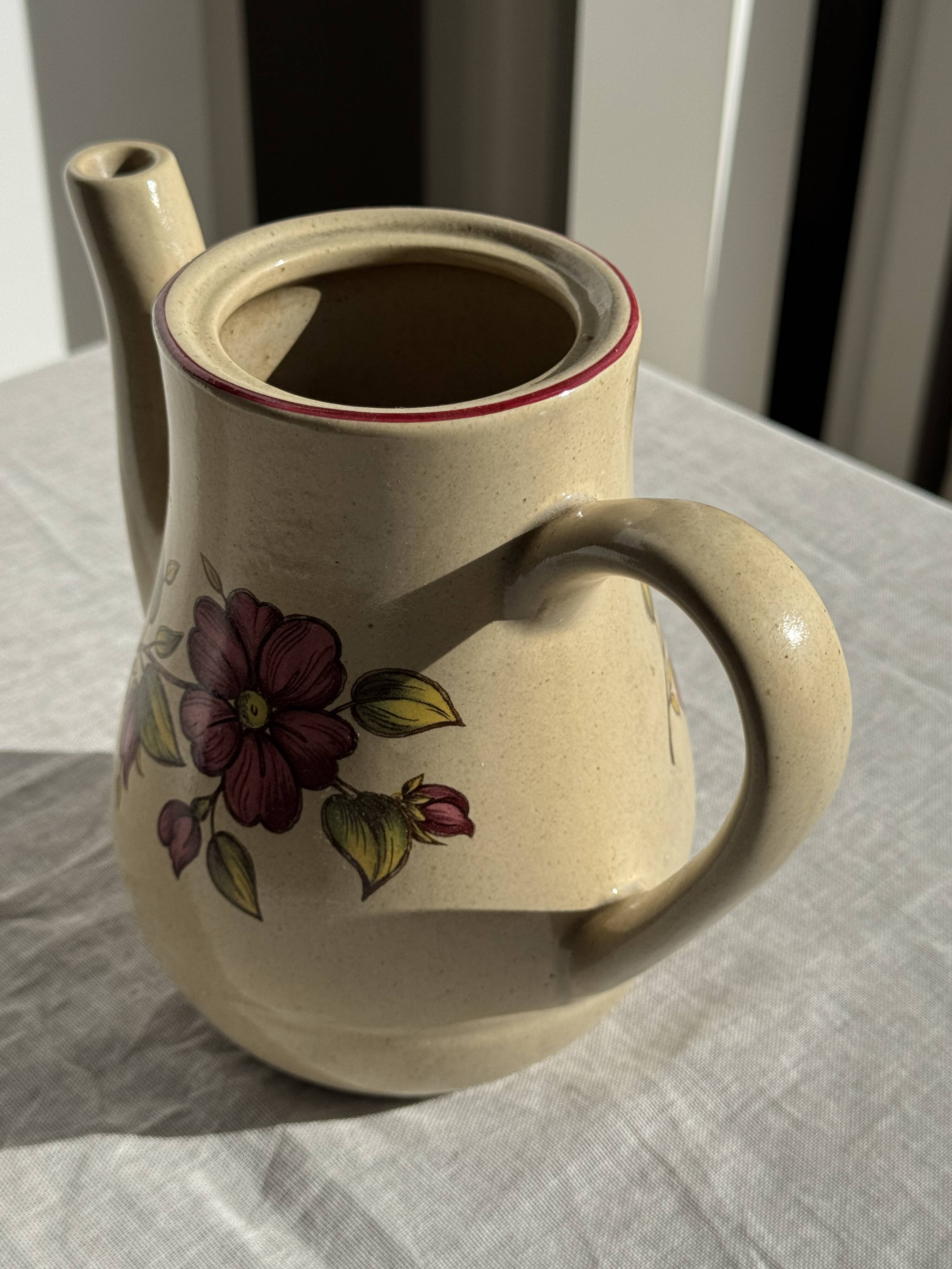 Vintage beige stoneware teapot with pink flower pattern H22