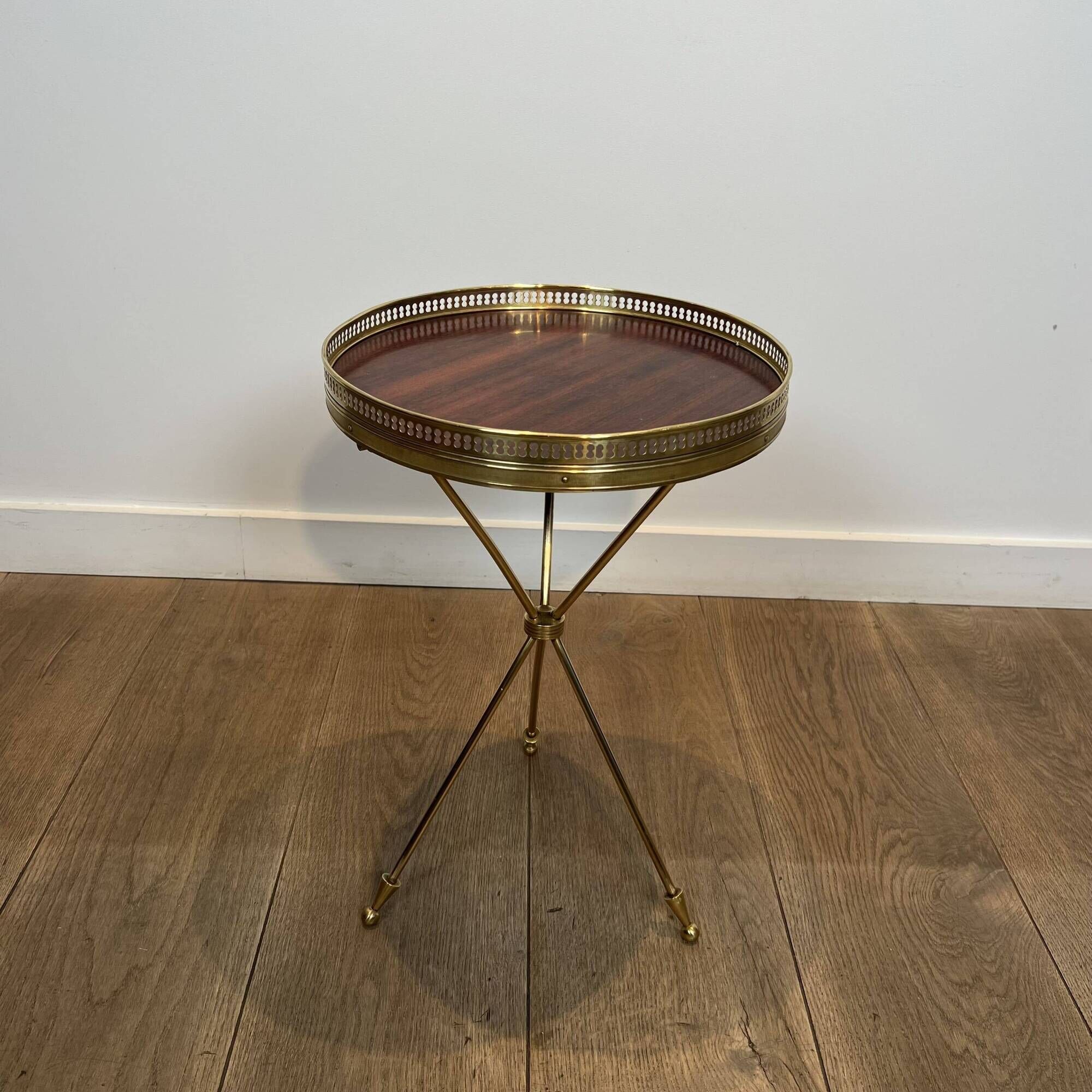 Tripod Side Table in Brass with Mahogany Top and Openwork Gallery. St. Trava