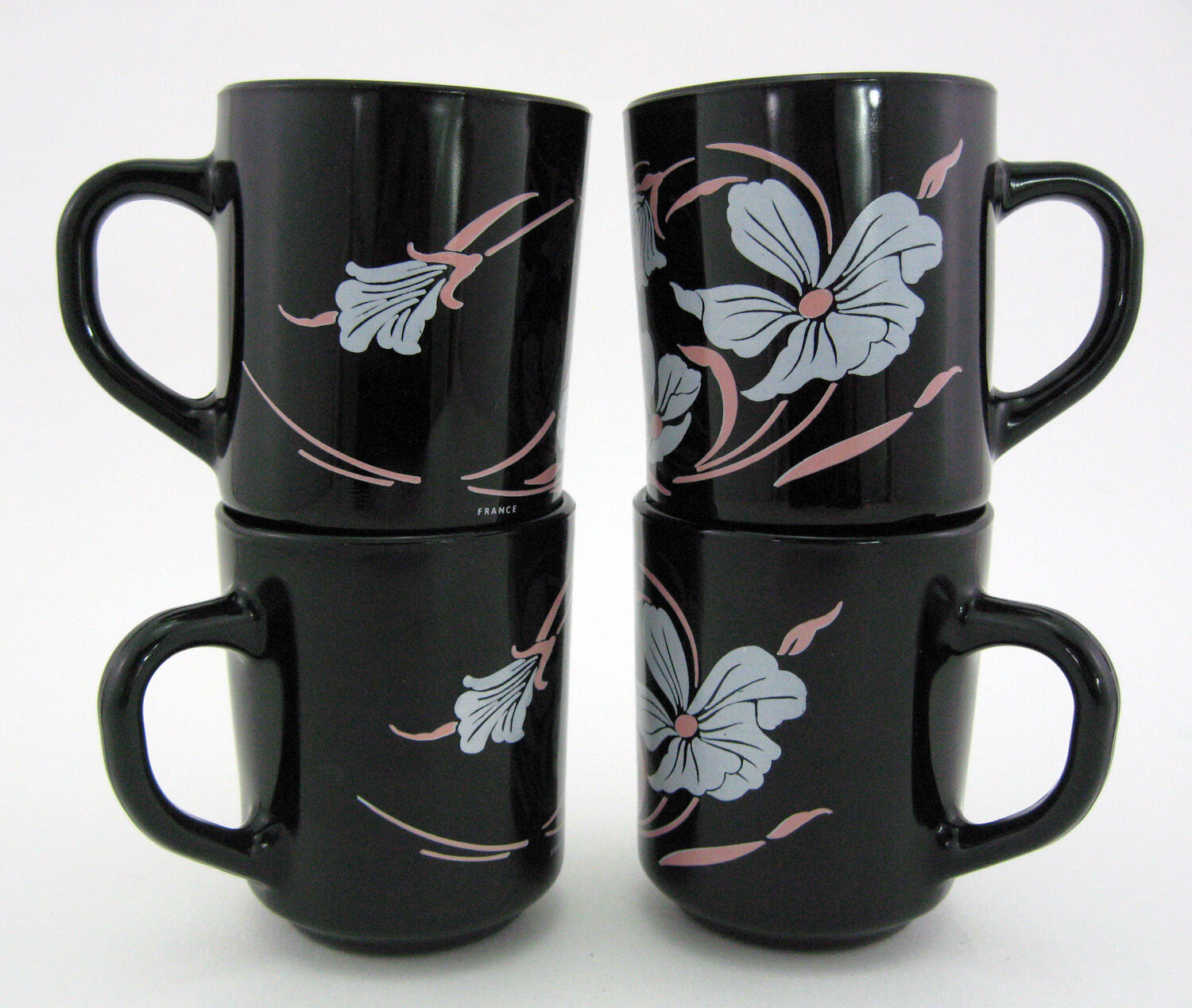 4 Mugs In Opal And Black Tempered Glass Floral Decor Arcoroc France Vintage 80s Selency