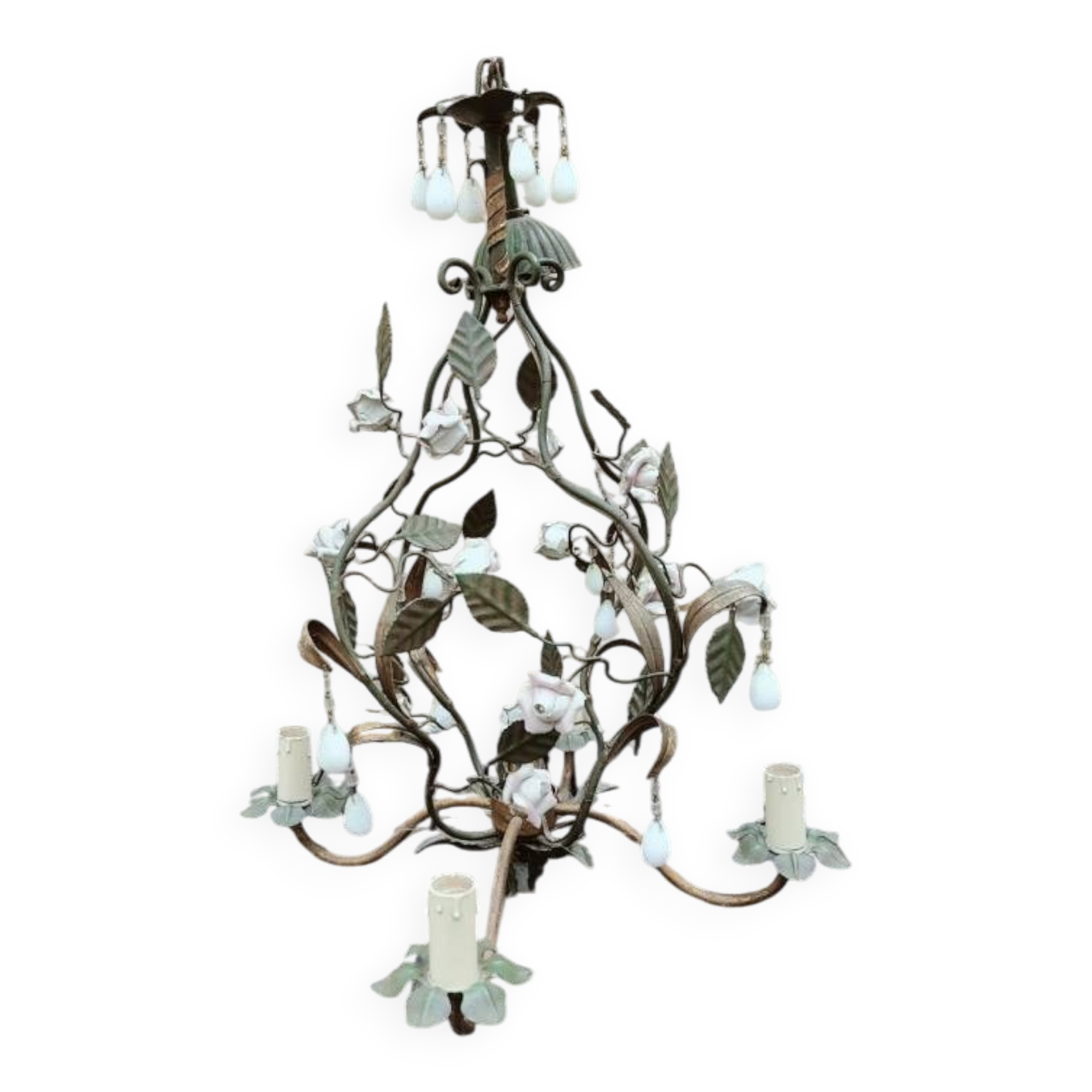 Italian cage chandelier decorated with ceramic roses and glass paste pendants