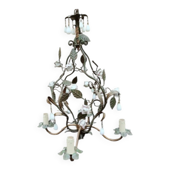lustre cage Italien décoré de roses céramique et pampilles pâte verre