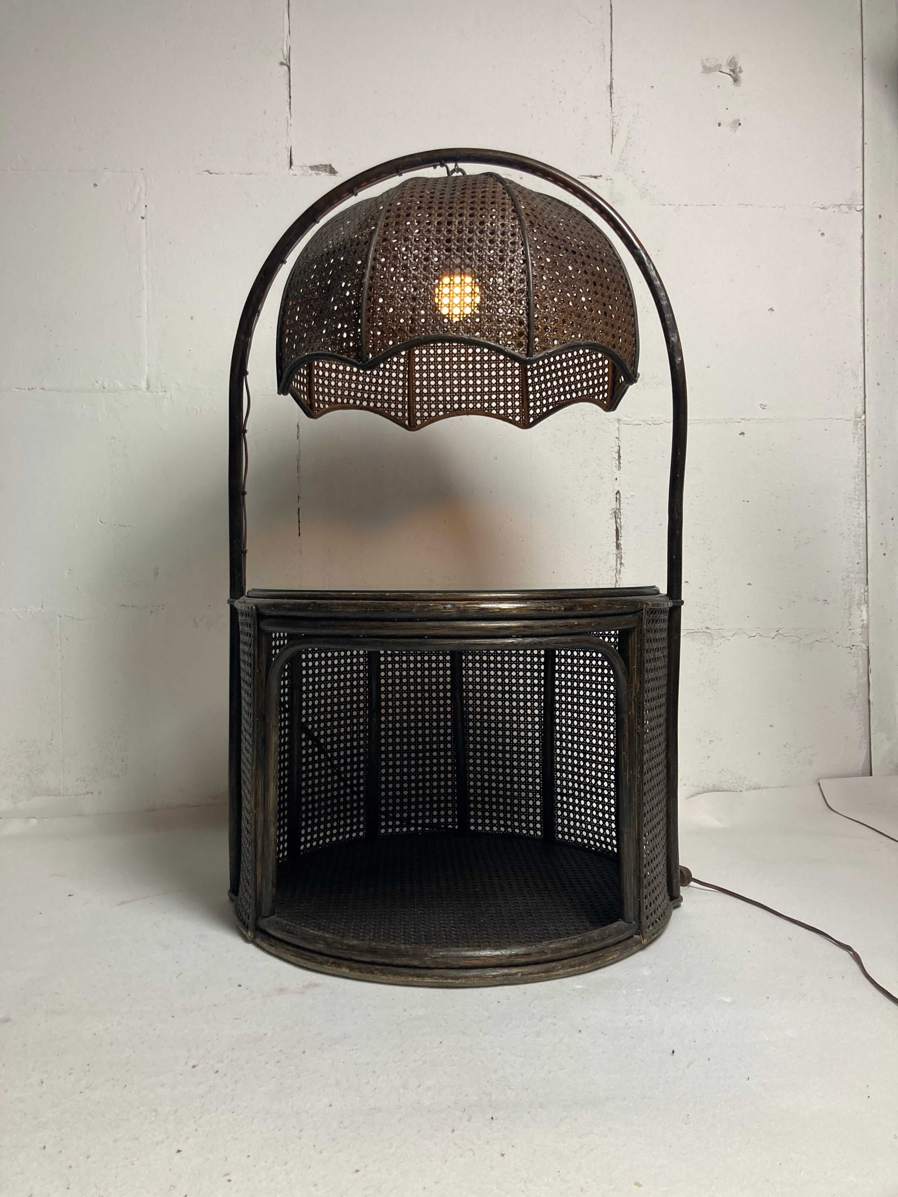 Faux bamboo rattan webbing side table with integrated hanging lamp, Dutch 1960s-1970s