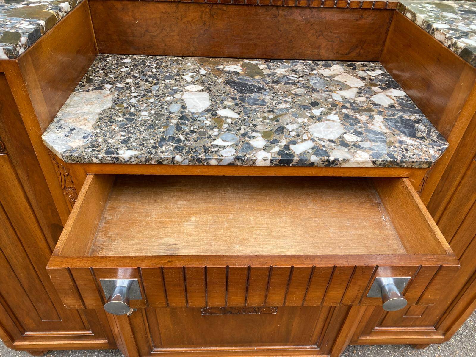 Art Deco 1930s marble and solid oak wood mirror sideboard