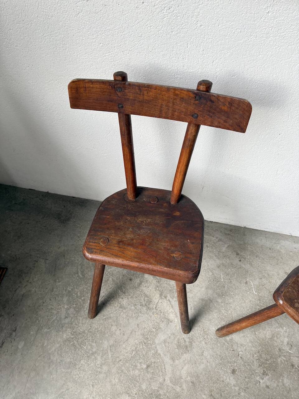 Pair of Savoyard tripod chairs, folk art, oak.