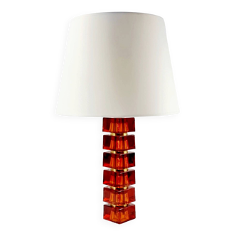 Large Mid Century Scandinavian Glass & Brass Table Lamp By Carl Fagerlund For Orrefors, Sweden, 1960