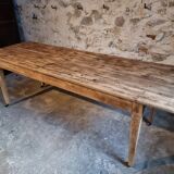 Antique French pine dining table, large farmhouse table on wheels, 19th century.