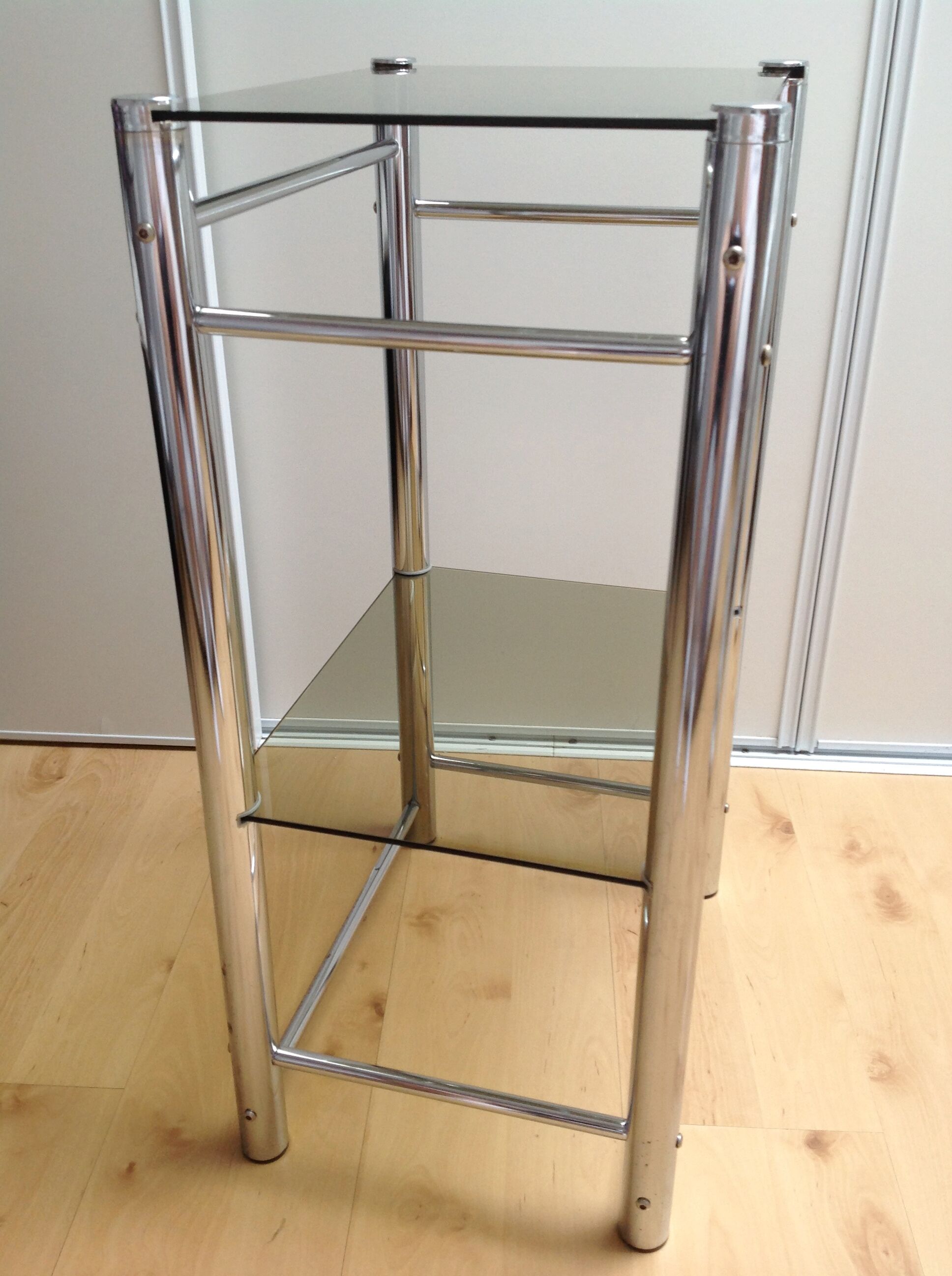 Two-tray console in smoked glass and chrome metal / vintage 70s-80s