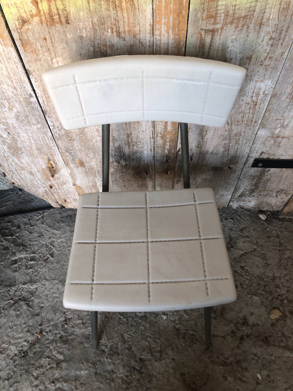 Gray metal children's chair + vintage white plastic seat & back