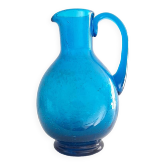 Handcrafted blue blown glass pitcher
