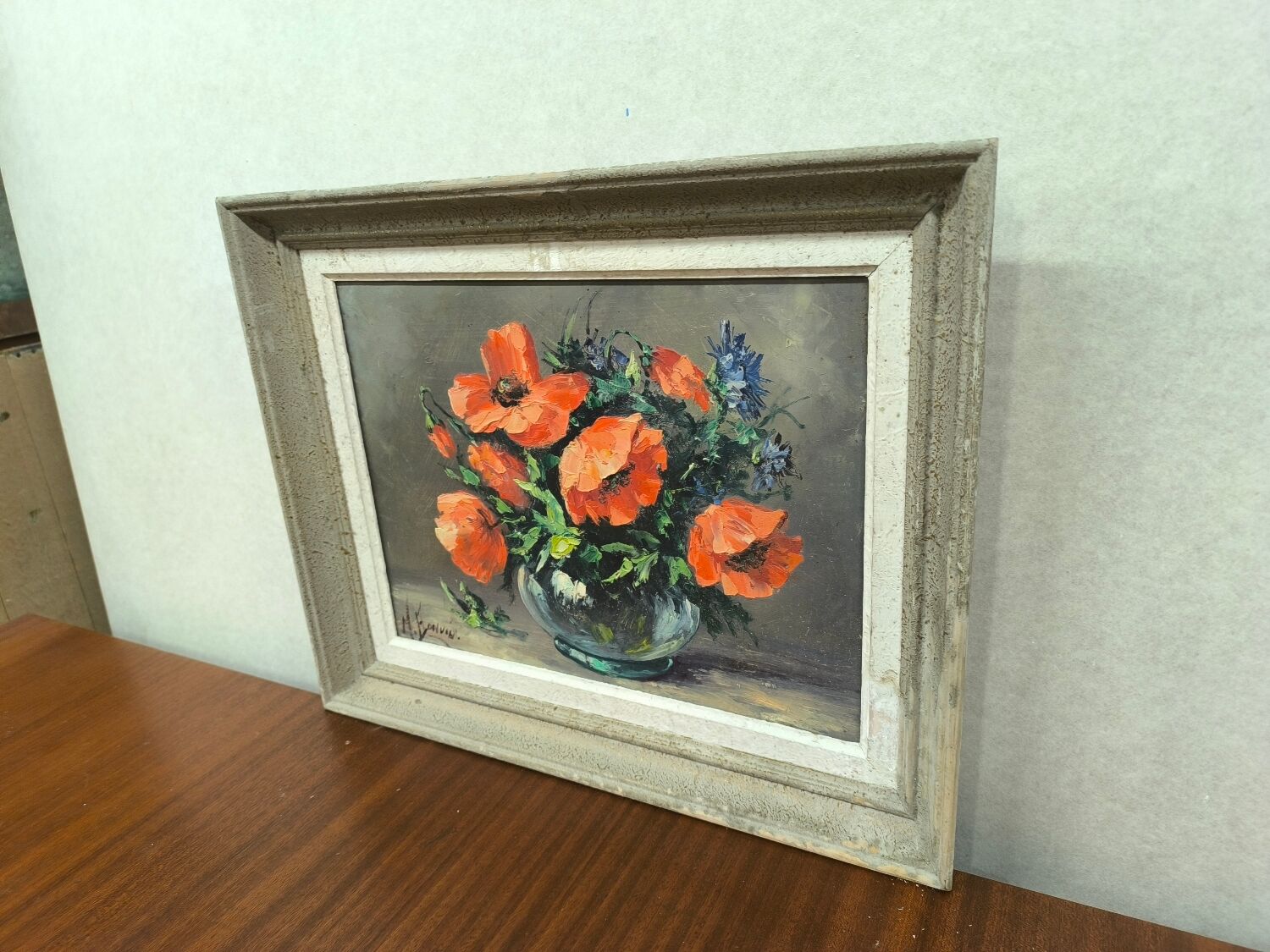 Painting Still Life with Poppies by M. Bonvin Oil on panel